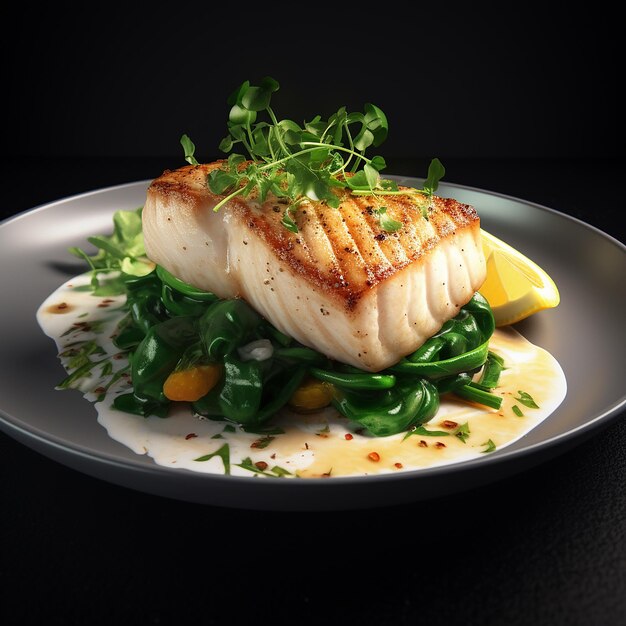 Photo 3d rendered savory delight white fish fillet steak with greens