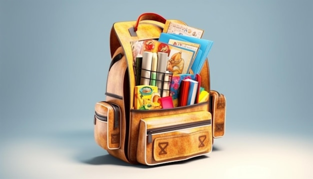 3D rendered School Backpack with school supplies template