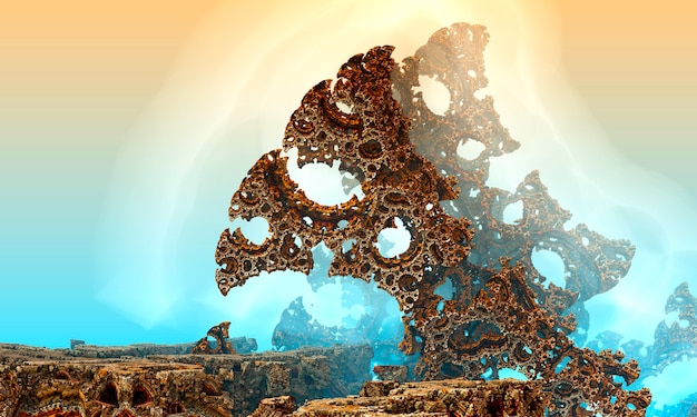 3Dレンダリングされたスペースアート：エイリアンプラネット-桃と青い霧のあるファンタジーの風景。