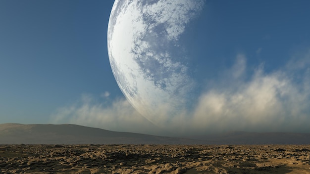 하늘에 큰 달이 있는 3d 렌더링된 공간