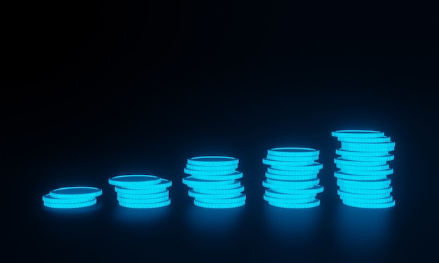 3D rendered stack of coins on black background.