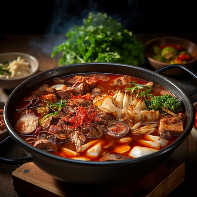 Photo 3d rendered a steaming bowl of spicy korean hot pot