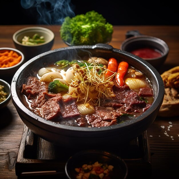 Foto rendering 3d di una ciotola fumosa di piccante hot pot coreano