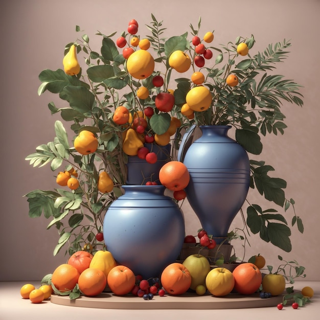 3d rendered still life vase with leaves and Brazilian food and plants pot illustration