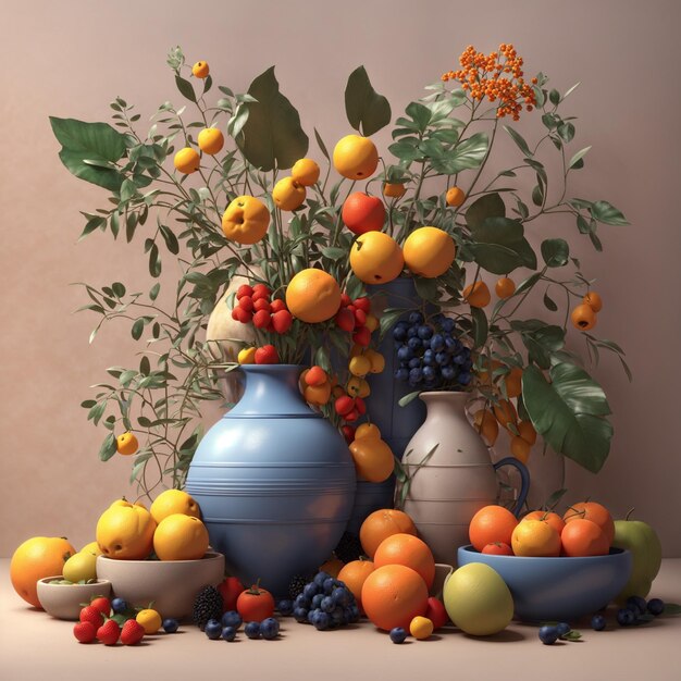 Photo 3d rendered still life vase with leaves and brazilian food and plants pot illustration