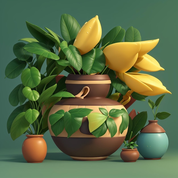 3d rendered still life vase with leaves and fruits and plants pot illustration