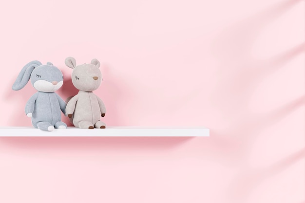 3d rendered stuffed toy animals on display shelf