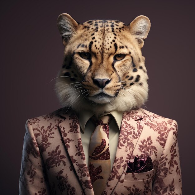 Photo 3d rendered stylish anthropomorphic cheetah in wool suit and tie human like character