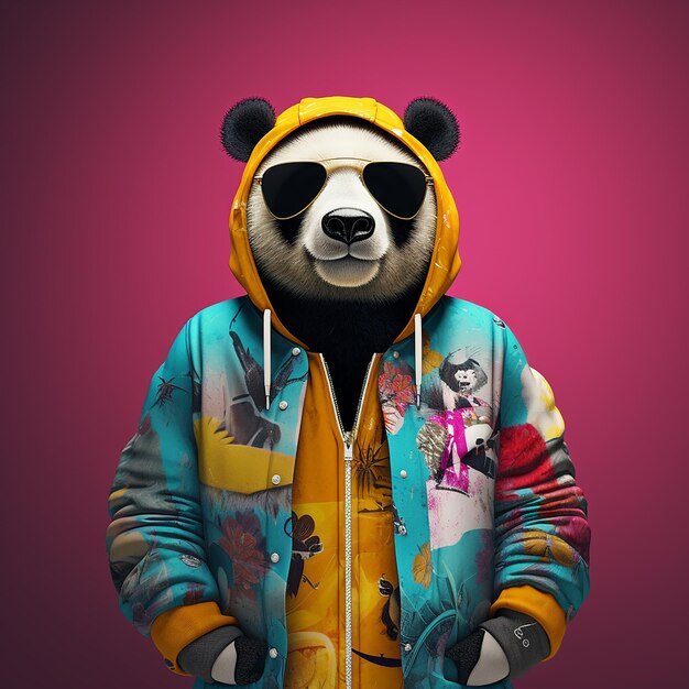 3d rendered stylish anthropomorphic panda bear wearing trendy streetwear with colorful jacket