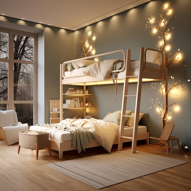 Photo 3d rendered stylish bedroom with bunk bed and golden night lights