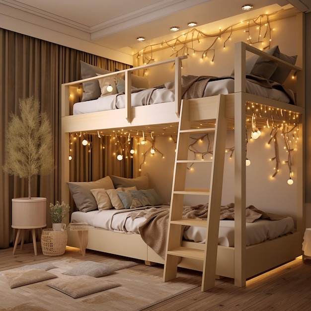 Photo 3d rendered stylish bedroom with bunk bed and golden night lights