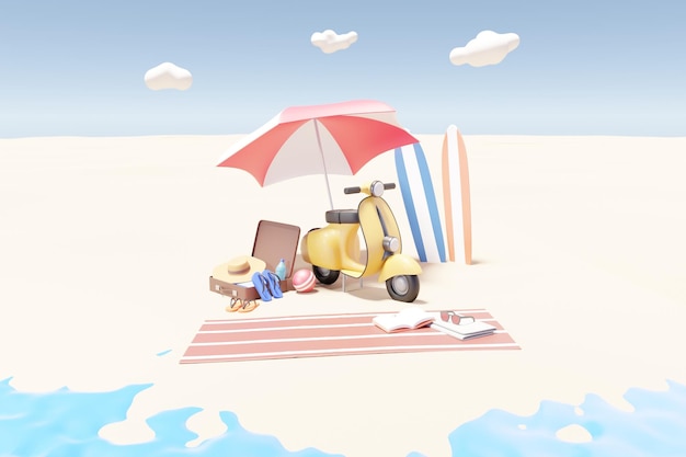 Фото 3d-рендеринг концепции летнего путешествия с предметами для путешествий на фоне моря
