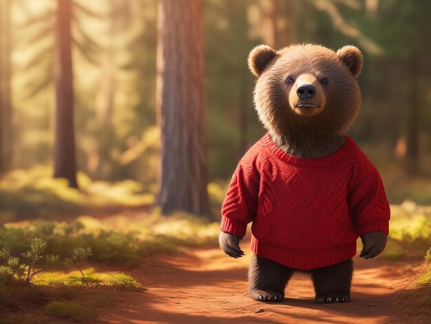 3D rendered Teddy Bear wearing an ugly Christmas sweater to celebrate the winter seasonal holiday Cuddly and furry bear with kawaii look like modern animation in traditional Christmas setting