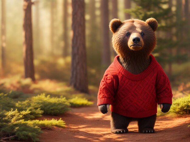 3D rendered Teddy Bear wearing an ugly Christmas sweater to celebrate the winter seasonal holiday Cuddly and furry bear with kawaii look like modern animation in traditional Christmas setting