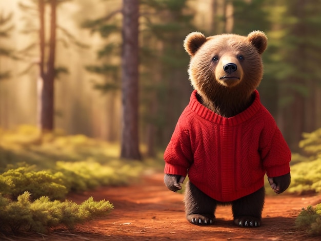 Photo 3d rendered teddy bear wearing an ugly christmas sweater to celebrate the winter seasonal holiday cuddly and furry bear with kawaii look like modern animation in traditional christmas setting