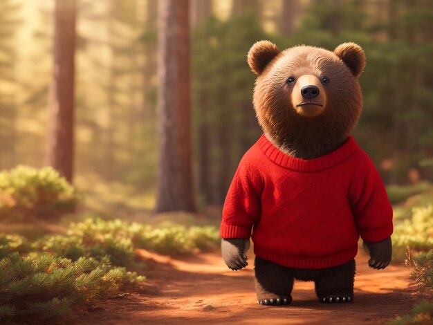 3D rendered Teddy Bear wearing an ugly Christmas sweater to celebrate the winter seasonal holiday Cuddly and furry bear with kawaii look like modern animation in traditional Christmas setting