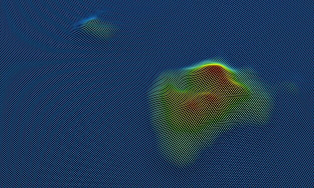 3D 렌더링된 지형 그리드 와이어프레임. 그라데이션 색상 섬입니다.