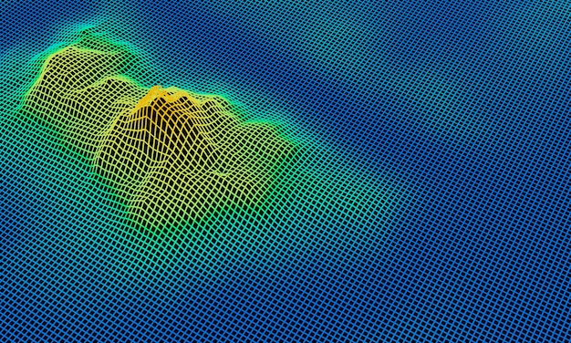3D 렌더링된 지형 그리드 와이어프레임. 그라데이션 아일랜드.