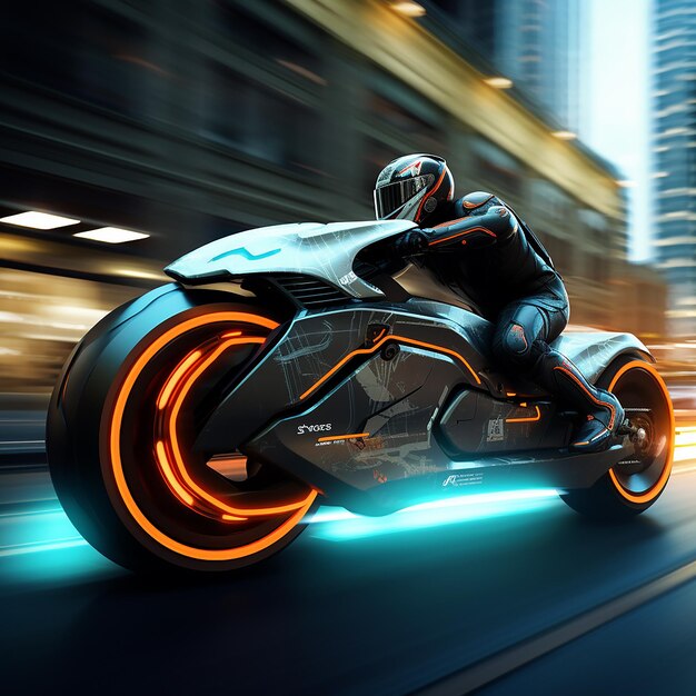 3d rendered Tron motorcycle riding through san Francisco leasing its trace