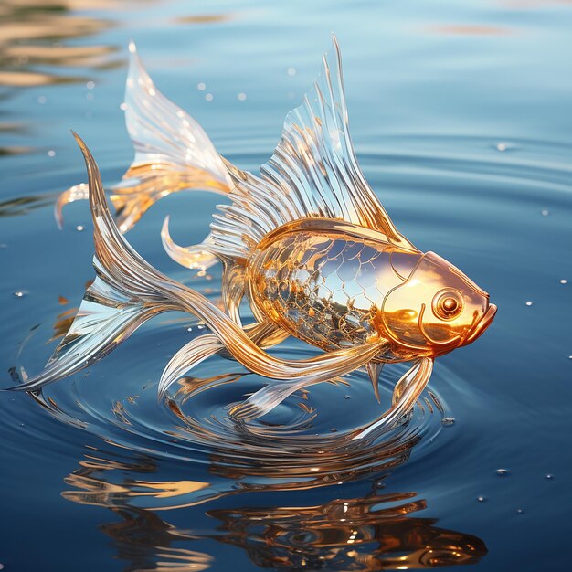 Photo 3d rendered two golden fish foil inside the sparkling clear water beautiful curves in sunlight