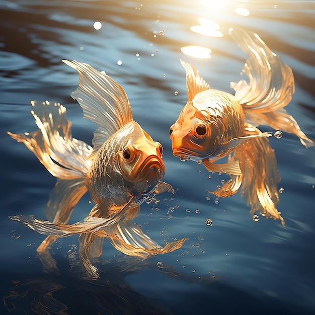 Фото 3d-рендеринг двух золотых рыбных фольг внутри блестящей чистой воды красивые кривые в солнечном свете