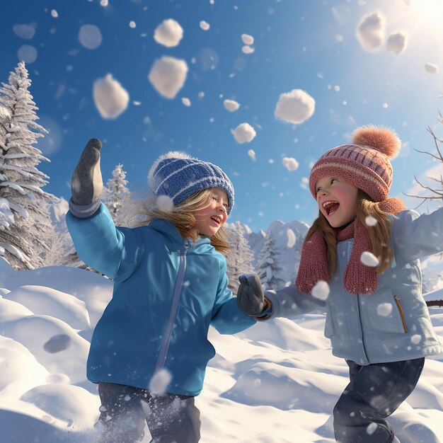 Фото 3d-рендеринг сверхреалистичных детей, играющих и наслаждающихся снегом