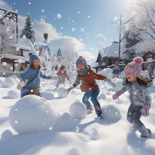 Photo 3d rendered ultra realistic children playing and enjoying in snow