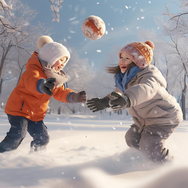 Photo 3d rendered ultra realistic children playing and enjoying in snow