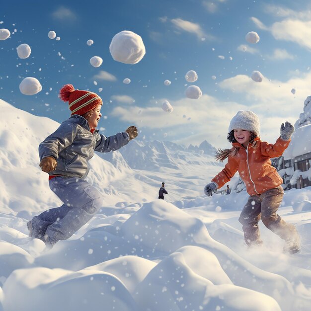 3D レンダリング 雪で遊ぶ子どもたち