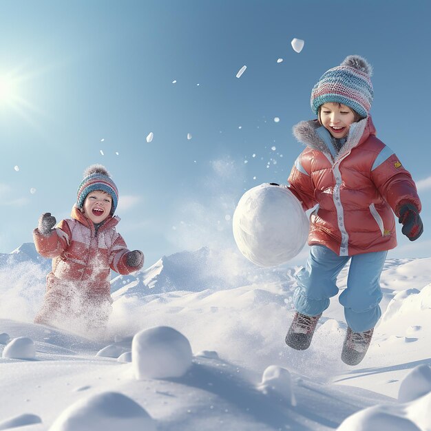 3d rendered ultra realistic children playing and enjoying in snow