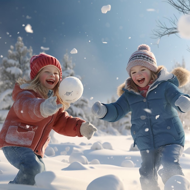 Photo 3d rendered ultra realistic children playing and enjoying in snow