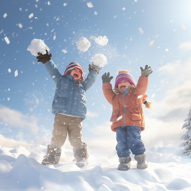 3D レンダリング 雪で遊ぶ子どもたち