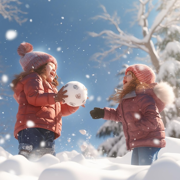 Photo 3d rendered ultra realistic children playing and enjoying in snow