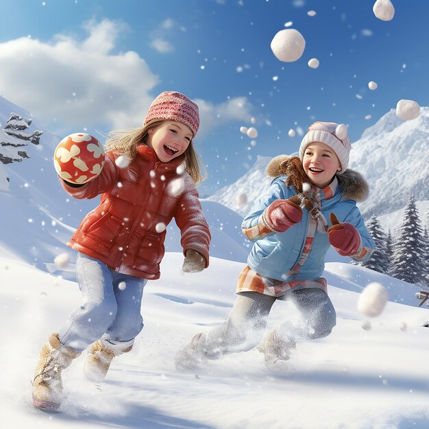 Photo 3d rendered ultra realistic children playing and enjoying in snow