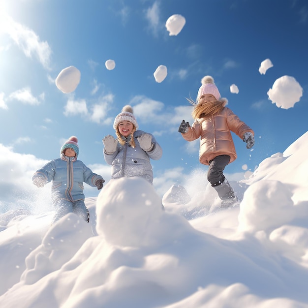 3D レンダリング 雪で遊ぶ子どもたち