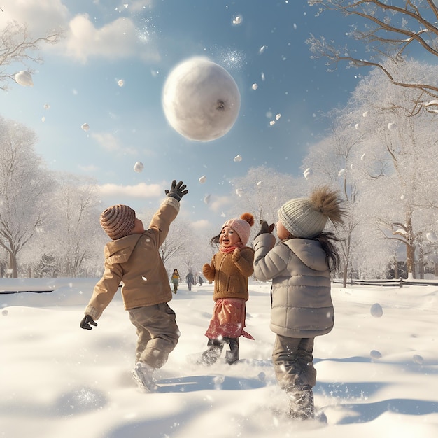 Photo 3d rendered ultra realistic children playing and enjoying in snow