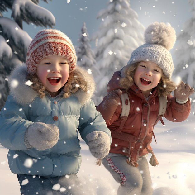 Photo 3d rendered ultra realistic children playing and enjoying in snow