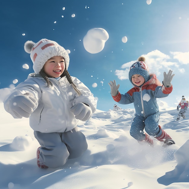 Photo 3d rendered ultra realistic children playing and enjoying in snow