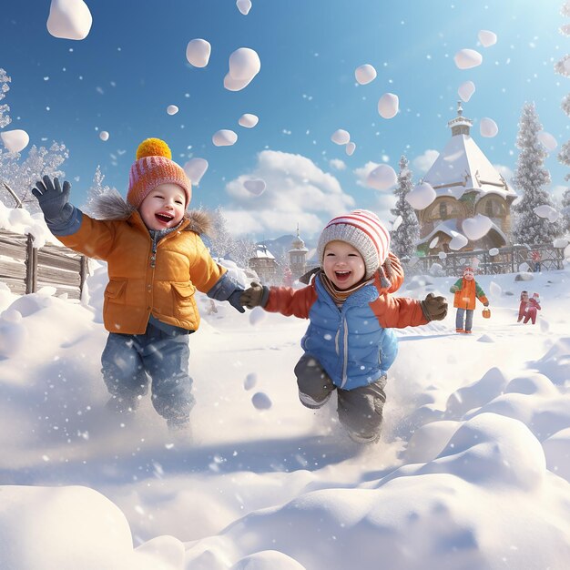 3D レンダリング 雪で遊ぶ子どもたち