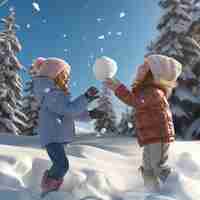 Photo 3d rendered ultra realistic children playing and enjoying in snow