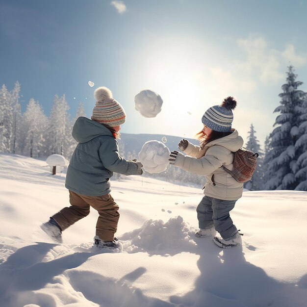 Photo 3d rendered ultra realistic children playing and enjoying in snow