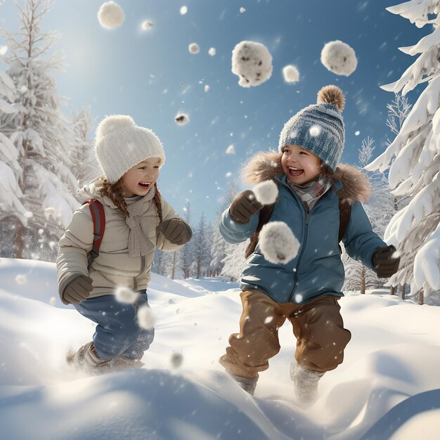 Photo 3d rendered ultra realistic children playing and enjoying in snow