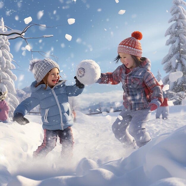 3d rendered ultra realistic children playing and enjoying in snow