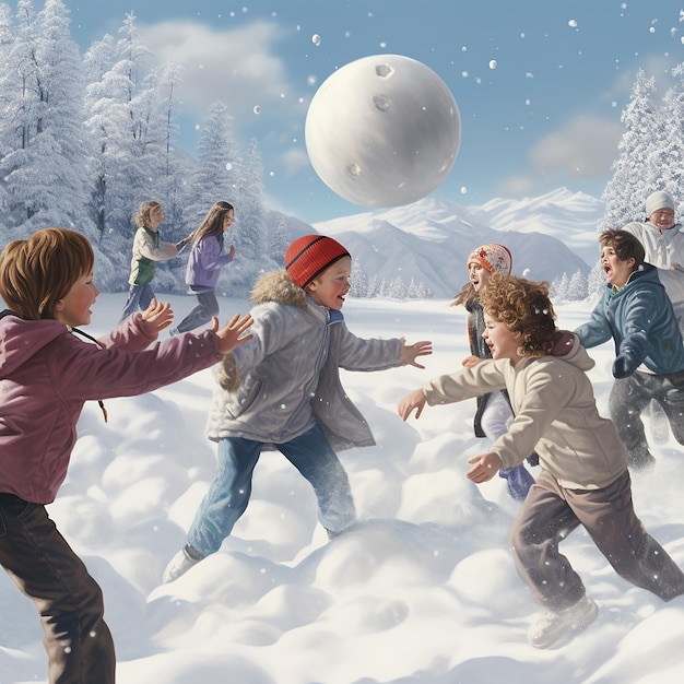 Photo 3d rendered ultra realistic children playing and enjoying in snow