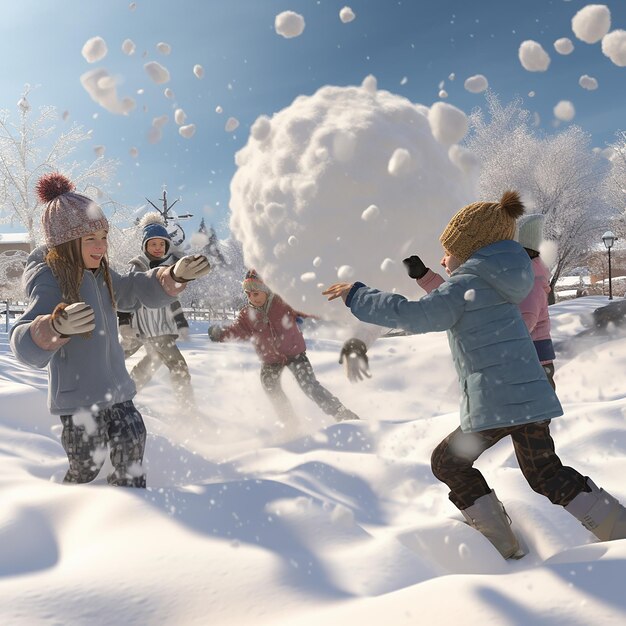 Photo 3d rendered ultra realistic children playing and enjoying in snow