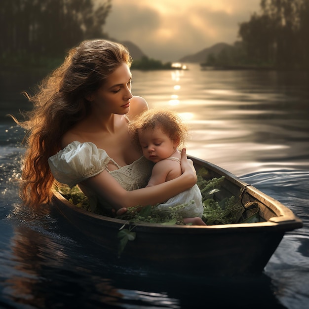 3D レンダリングの超現実的な母とボートの赤ちゃん