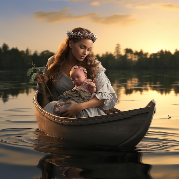3D rendered ultra realistic mother and the baby in a boat