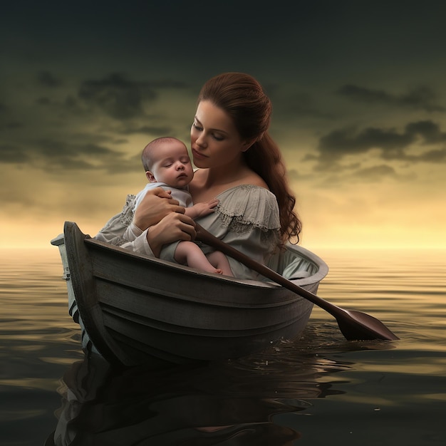 3D レンダリングの超現実的な母とボートの赤ちゃん
