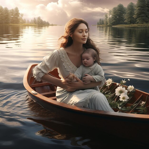 3D rendered ultra realistic mother and the baby in a boat