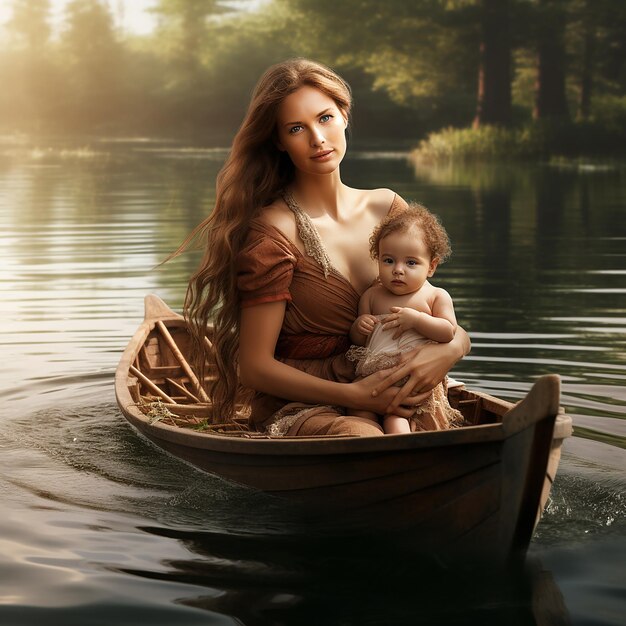 3D rendered ultra realistic mother and the baby in a boat